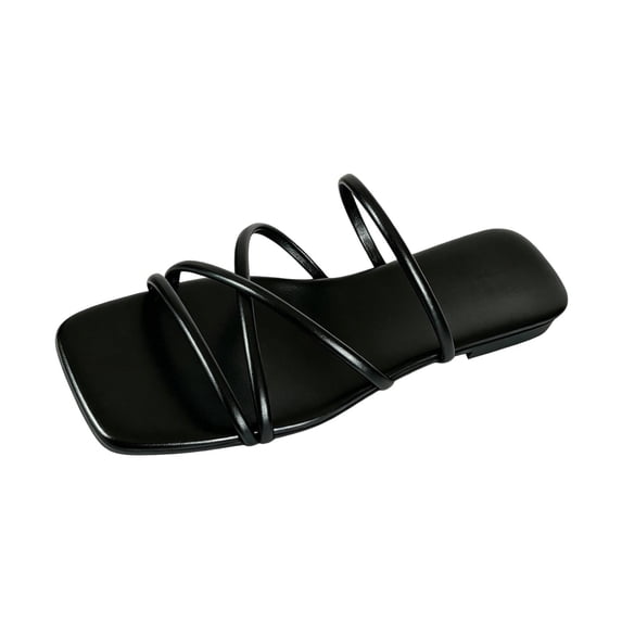 Wensltd Women Thin Strap Flat Slide Sandals Square Open Toe Slip On Daily Outdoor Walking Sandals Black