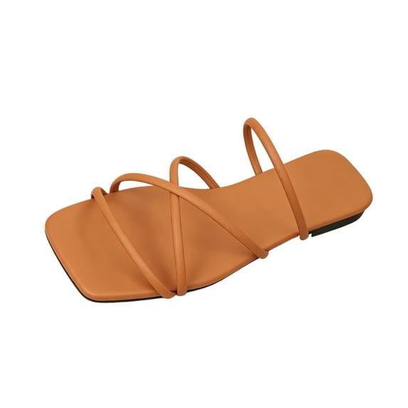 Wensltd Women Thin Strap Flat Slide Sandals Square Open Toe Slip On Daily Outdoor Walking Sandals Brown