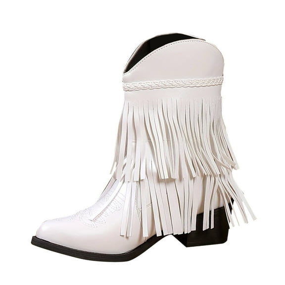 Wensltd Women V-Cut Ankle Boots Fringe Detail Fashion Wide Width Boots Round Toe Casual Wear