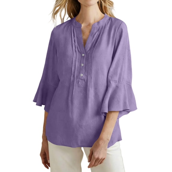 Wensltd Women V Neck Blouses Long Sleeve Open Front Cardigan Cotton Linen Solid Color Casual Soft Blouses