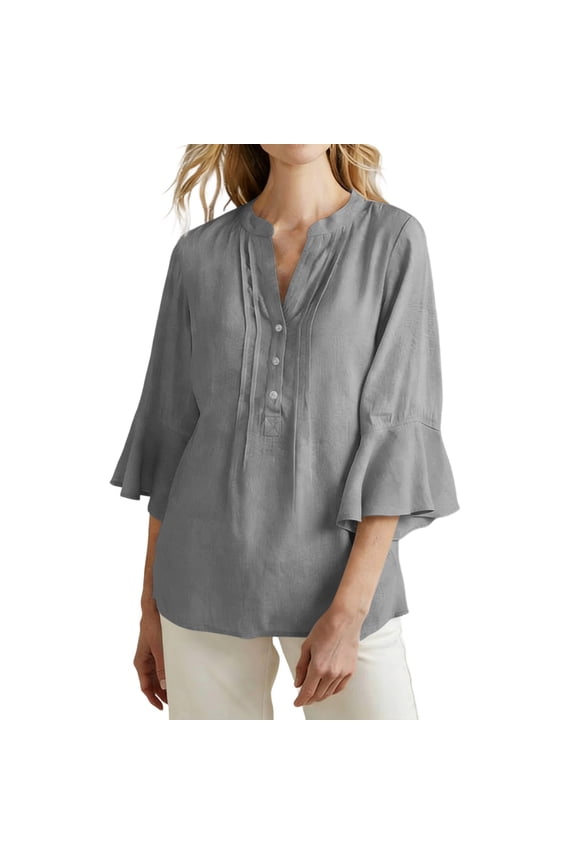 Women V Neck Blouses Long Sleeve Open Front Cardigan Cotton Linen Solid Color Casual Soft Blouses
