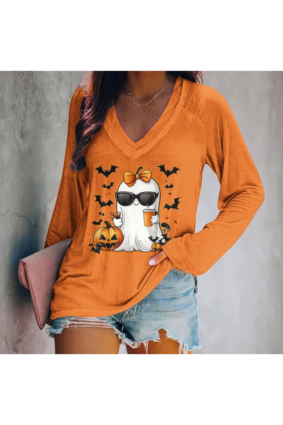 Women V Neck Funny Halloween Shirts Spooky Graphic Long Sleeve Tops