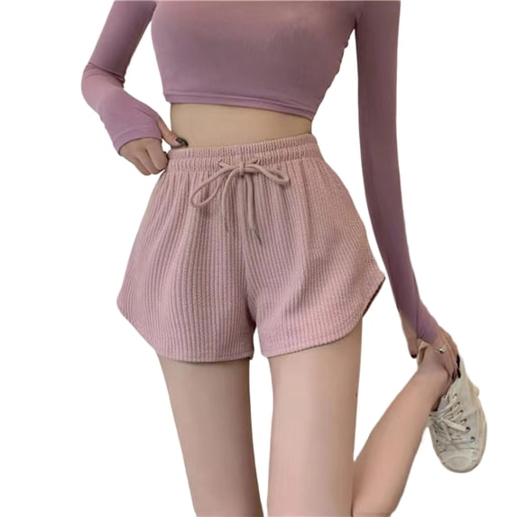 Wensltd Women Waffle Knit Drawstring Elastic Waist Shorts Casual Loose Fit Shorts For Daily Wear