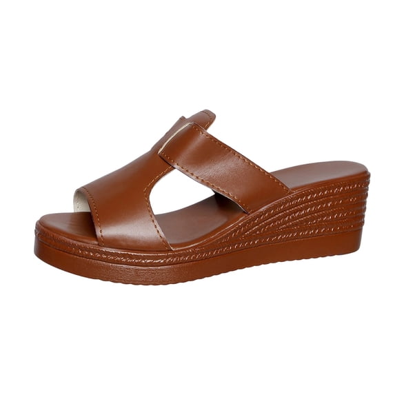 Wensltd Women Wedge Sandals Comfortable Walking Sandals Plus Size Solid Color Soft Sole Breathable Thick Sole Spring Summer Beach Slippers Brown