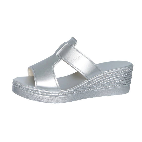 Wensltd Women Wedge Sandals Comfortable Walking Sandals Plus Size Solid Color Soft Sole Breathable Thick Sole Spring Summer Beach Slippers Silver
