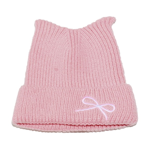 Wensltd Women Winter Bow Embroidery Knit Hat Cute Headwear for Casual Daily Outfits Outdoor Leisure Pink