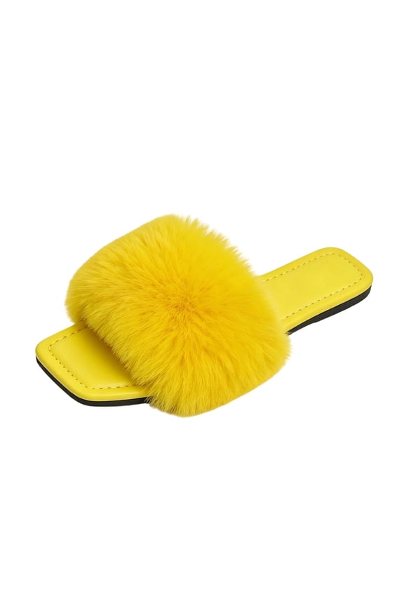 Women Winter Slide Sandals Open Toe Fluffy House Slippers with Thick Sole for Indoor Outdoor Yellow