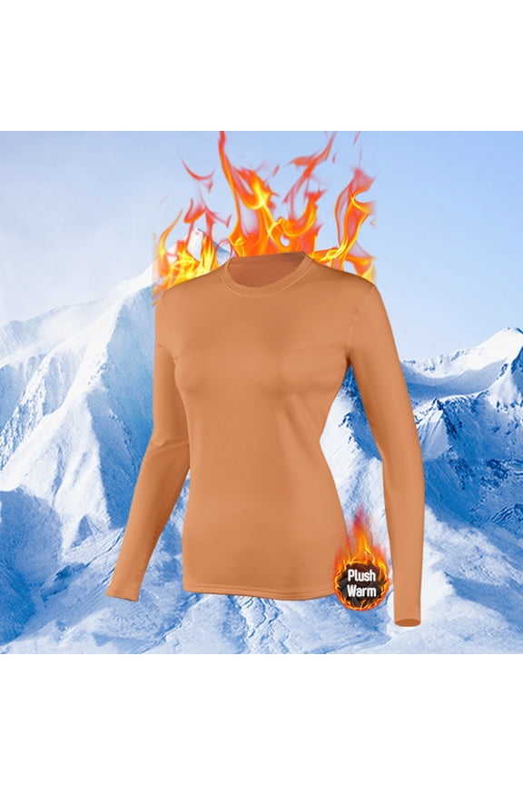 Women Winter Thermal Top Crew Neck Solid Color Long Sleeve Base Layer Underwear Top Warm Comfortable Everyday Black