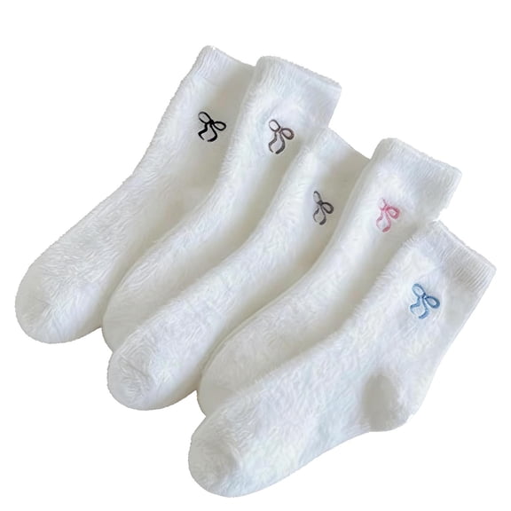 Wensltd Women Winter Warm Fleece Bow Decor Thick Socks Solid Color Cozy Soft Casual Thermal Mid Calf Sock