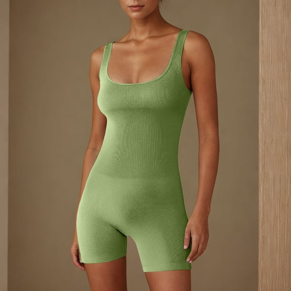 Wensltd Women Yoga Jumpsuit Summer Square Neck Spaghetti Straps Shorts