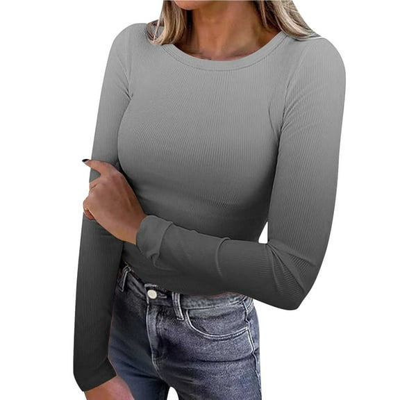 Wensltd Women's Black Long Sleeve Tops Spring Fashion Crewneck Stretch Slim Fit Top