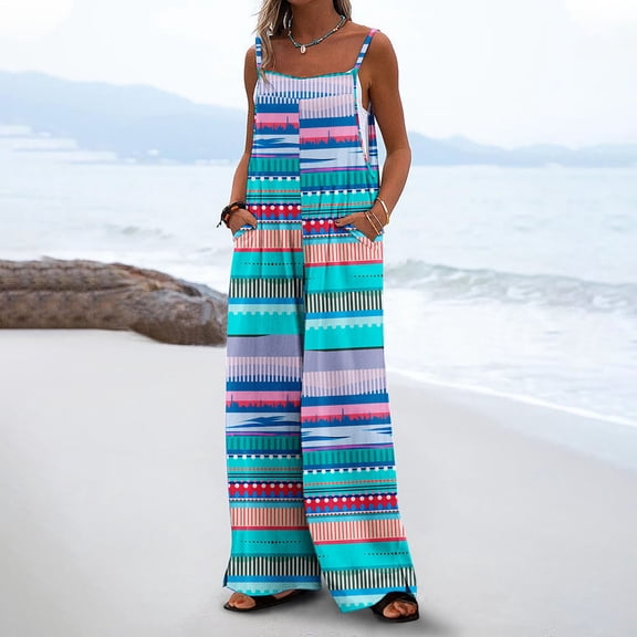 Wensltd Women's Casual Loose Jumpsuits One Piece Sleeveless Printed Wide Leg Long Pant With Pockets