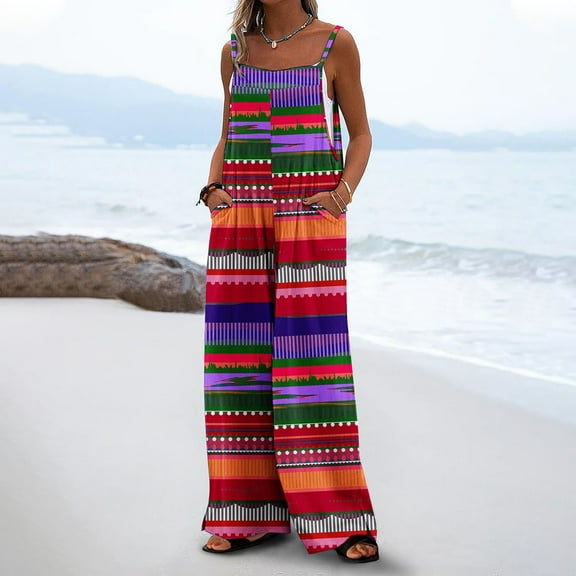 Wensltd Women's Casual Loose Jumpsuits One Piece Sleeveless Printed Wide Leg Long Pant With Pockets