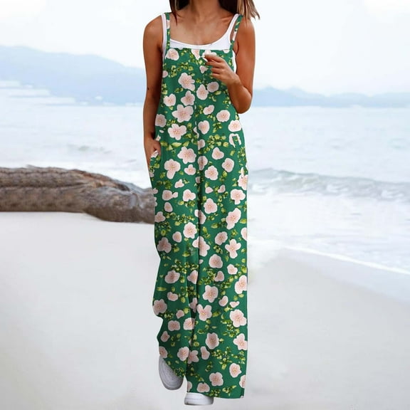 Wensltd Women's Casual Loose Jumpsuits One Piece Sleeveless Printed Wide Leg Long Pant With Pockets