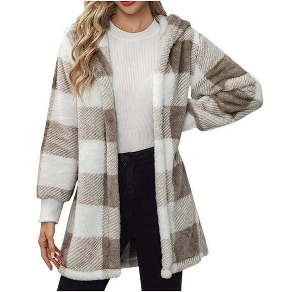 Wensltd Women's Checkered Fleece Coat Hooded Long Sleeve Fashion Lightweight Fall Winter Jacket
