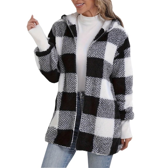 Wensltd Women's Checkered Fleece Coat Hooded Long Sleeve Fashion Lightweight Fall Winter Jacket