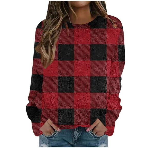 Wensltd Women's Checkered Print Fleece Pullover Top Round Neck Drop Shoulder Fashion Blouses