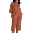 thumbnail image 1 of Wensltd Women's Cotton and Linen Outfits Solid Color 3/4 Sleeve top Wide Leg Pants Casual Fall Sets with Pockets, 1 of 5