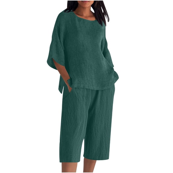 Wensltd Women's Cotton and Linen Outfits Solid Color 3/4 Sleeve top Wide Leg Pants Casual Fall Sets with Pockets