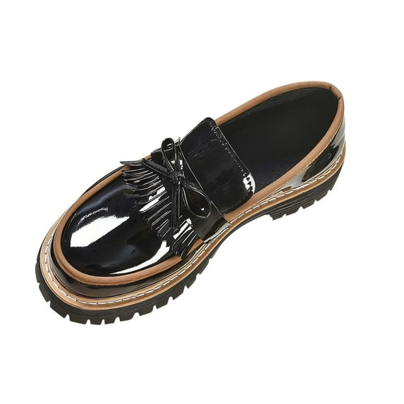 Wensltd Women's Fashion Loafers Black Solid Color Round Toe Thick Sole Slip-On Shoes for Daily Wear Office Work