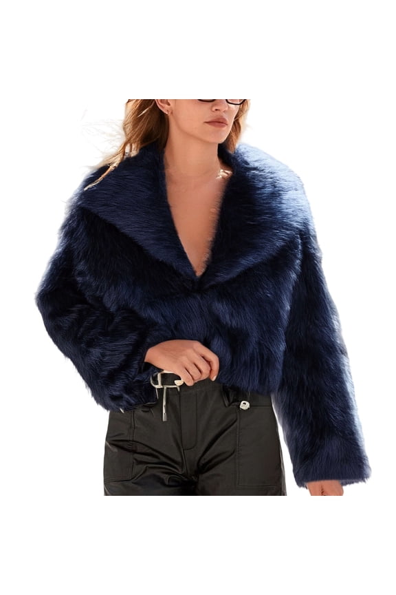 Women's Faux-fur Jacket Long Sleeve Winter Fleece Coats Warm Outerwear Fall Clothes Blue