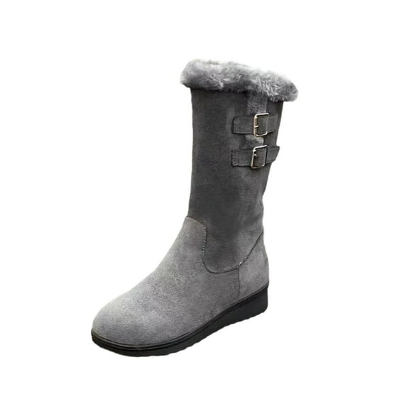 Wensltd Women's Faux-fur Lined Side Zip Mid Calf Boots Thermal Flat Heel Boot for Cold Weather Outfit