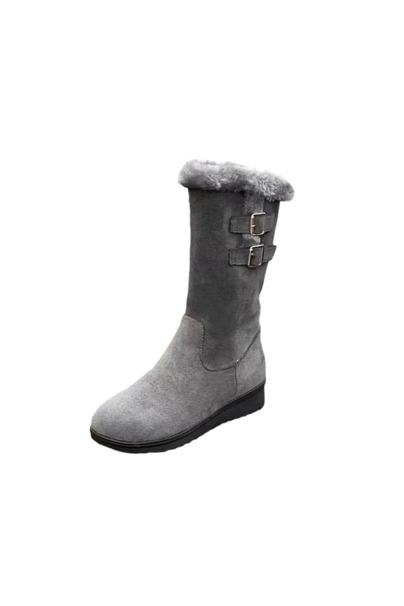 Women's Faux-fur Lined Side Zip Mid Calf Boots Thermal Flat Heel Boot for Cold Weather Outfit