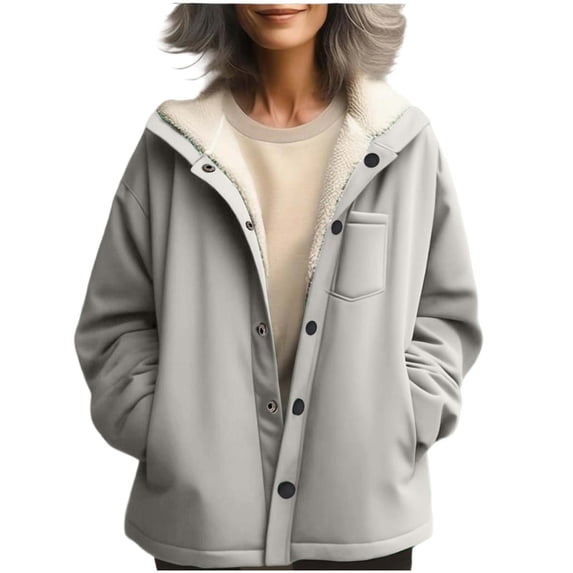 Wensltd Women's Fleece-Lined Jacket Button Front Pockets Long Sleeve Winter Coat Comfortable
