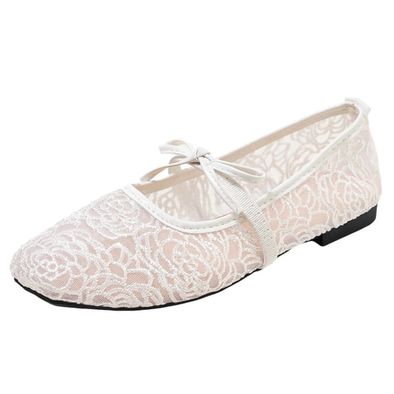 Wensltd Women's Floral Lace Bow Mary Jane Flats Elastic Strap Flat Shoes Daily Walking Soft Ballet Flats White