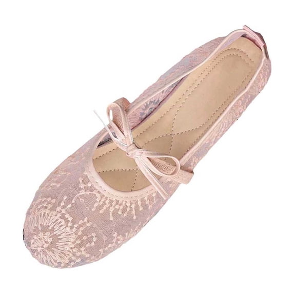 Wensltd Women's Floral Mesh Shoes Bow Mary Jane Flats Spring Summer Daily Walking Soft Ballet Flats Pink