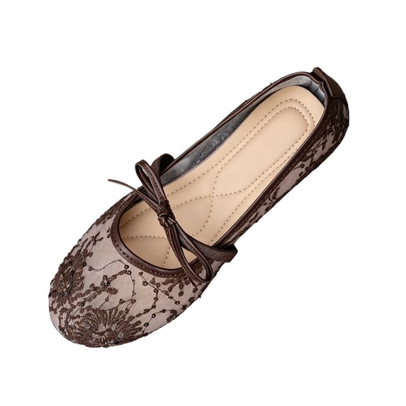 Wensltd Women's Floral Mesh Shoes Bow Mary Jane Flats Spring Summer Daily Walking Soft Ballet Flats