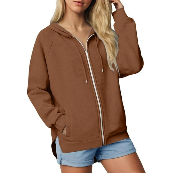 Wensltd Women's Full Zip Up Hooded Jacket Solid Color Long Sleeve Coat with Pockets and Split Hem Casual Warm Outerwear