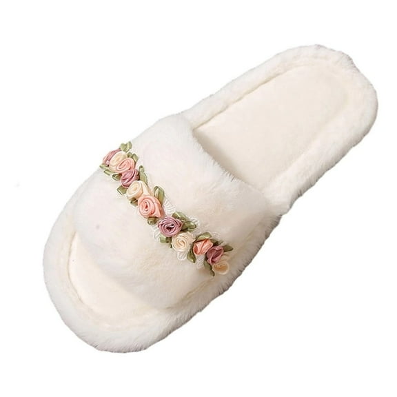 Wensltd Women's Fuzzy Flat Slippers Memory Foam Fall Winter Cute Open Toe House Slippers Indoor Outdoor