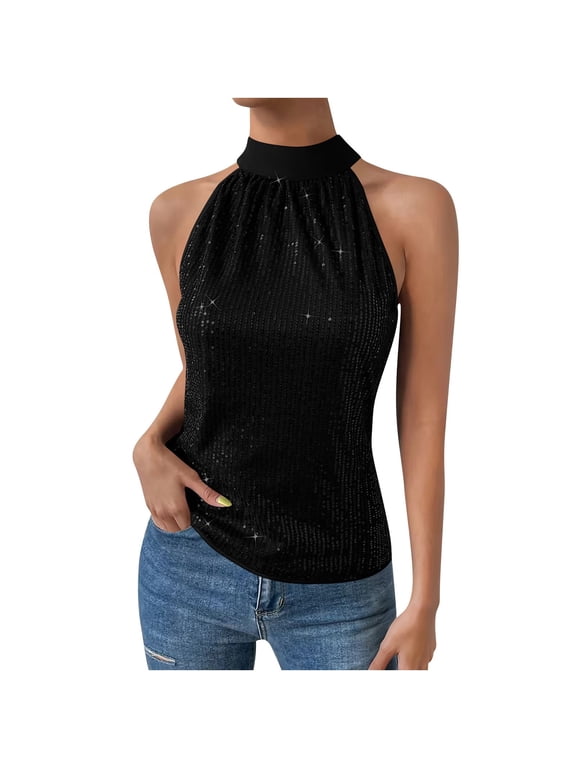Women's High Neck Sequin Tops Sleeveless Solid Color Elegant Sparkly Party Top for Evening Women Trendy Dressy Blouses Black XL