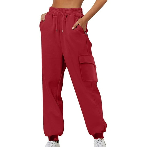 Wensltd Women's High Waisted Sweatpants with Pockets Solid Color Lounge Trousers Warm Casual Loose Fall Pants