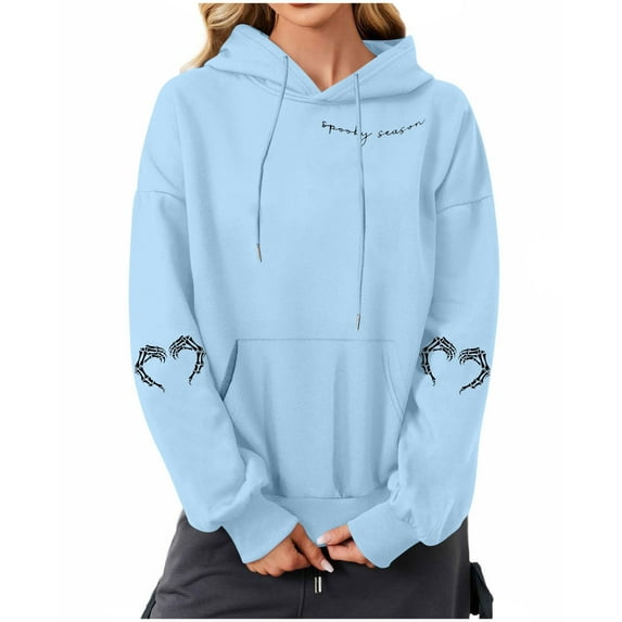 Wensltd Women's Hoodies Halloween Printing Warm Loose Fall Sweatshirts Pullover Long Sleeve Tops Black