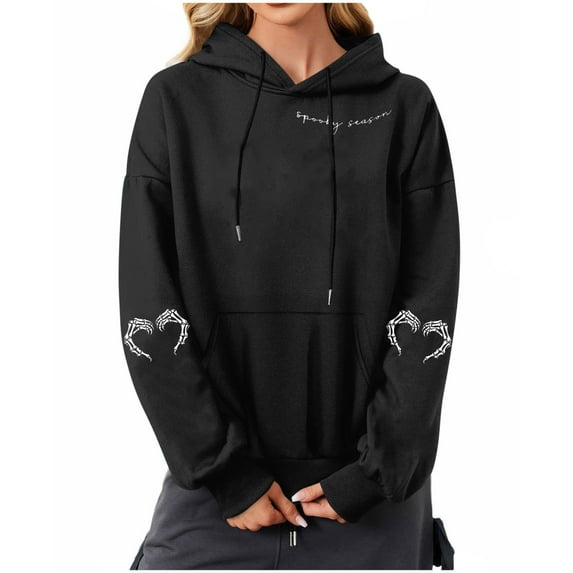Wensltd Women's Hoodies Halloween Printing Warm Loose Fall Sweatshirts Pullover Long Sleeve Tops Black