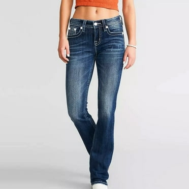 Wensltd Women's Jeans Flower Embroidery Mid Rise Stretchy Slim Bell Bottom Pants