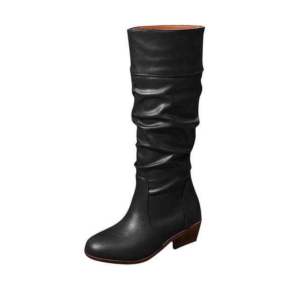 Wensltd Women's Knee High Boots Mid Heel Pointed Toe Solid Color Winter Shoes Slouch Long Boots
