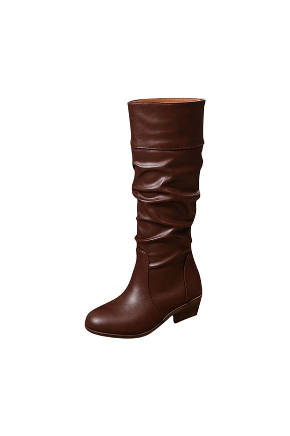 Women's Knee High Boots Mid Heel Pointed Toe Solid Color Winter Shoes Slouch Long Boots Brown
