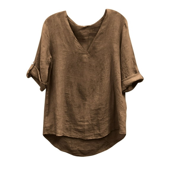 Wensltd Women's Linen Short Sleeve Round Neck Casual Loose Blouses for Women