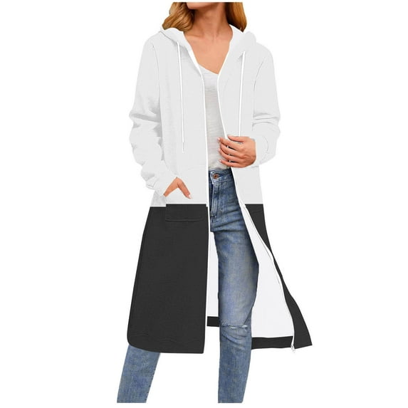 Wensltd Women's Long Jackets Zipper Hooded Sweatshirts Drawstring Long Sleeve Tops for Spring Fall