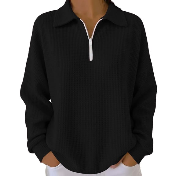 Wensltd Women's Long Sleeve Lapel Half Zip Up Waffle Knit Top Solid Color Stylish Casual Loose Fit Pullover Blouse for Spring Fall Daily Outfits