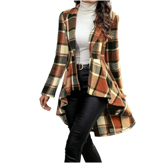 Wensltd Women's Long Sleeve Plaid Shirt Vintage Style Fashion Long Button Down Jacket for Spring Fall