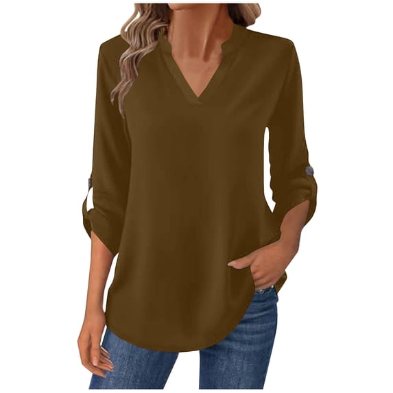 Wensltd Women's Long Sleeve Shirt Button-Up V-Neck Solid Color Spring Fall Top for Office Work