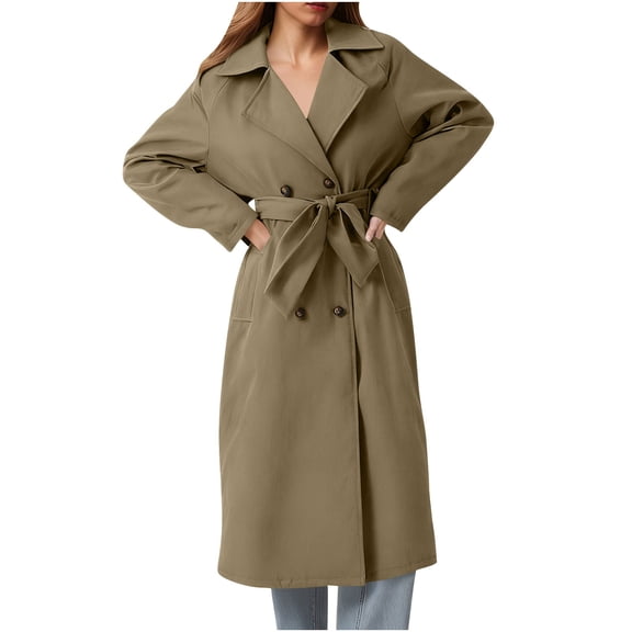 Wensltd Women's Long Trench Coat with Belted Waist Knee Length Classic Windbreaker Fall Spring Season Outerwear