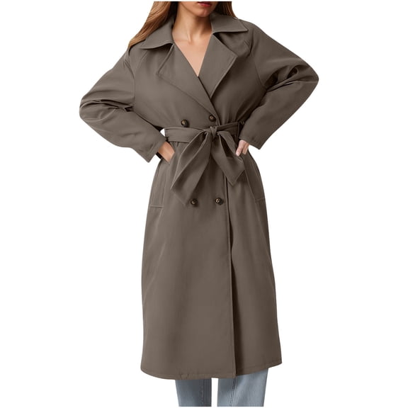Wensltd Women's Long Trench Coat with Belted Waist Knee Length Classic Windbreaker Fall Spring Season Outerwear