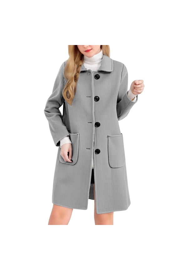 Women's Long Wool Blend Overcoat with Lapel Solid Color Knee Length Classic Winter Coat with Pockets Button Closure