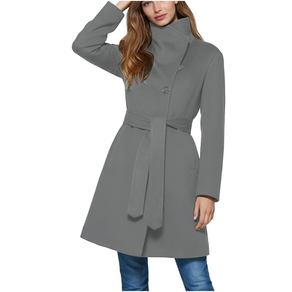 Wensltd Women's Long Wool Blend Overcoat with Lapel Solid Color Knee Length Classic Winter Coat with Pockets
