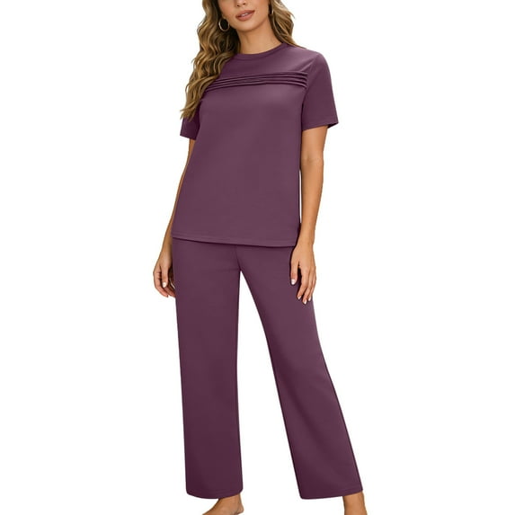 Wensltd Women's Outifts Casual Comfortable Round Neck Solid Color Short Sleeve Top and Long Pants 2 Piece Set for Spring Summer